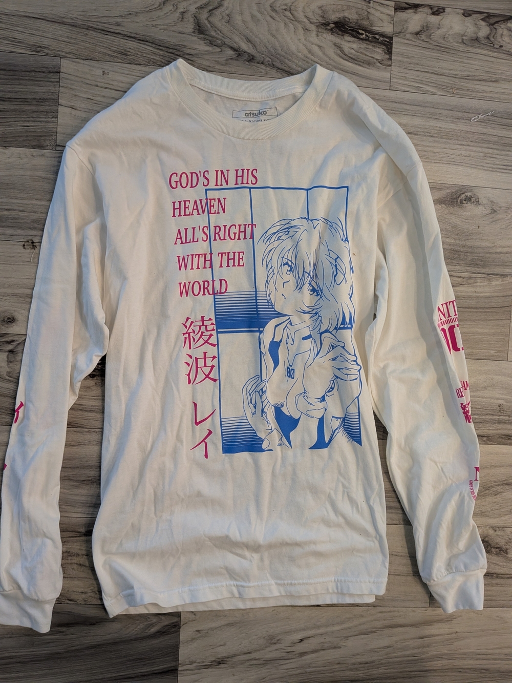 Atsuko White Long-Sleeve Graphic Tee with Pink & Blue Anime Print Large